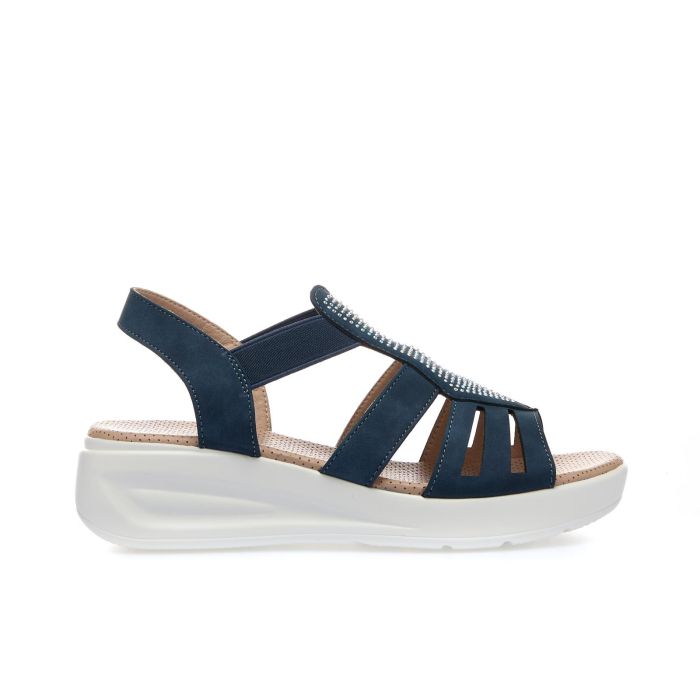 Sandali comfort blu con dettaglio in strass e zeppina