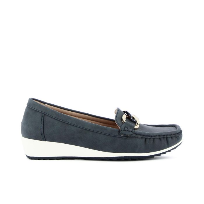 Mocassini blu comfort con zeppina e catena