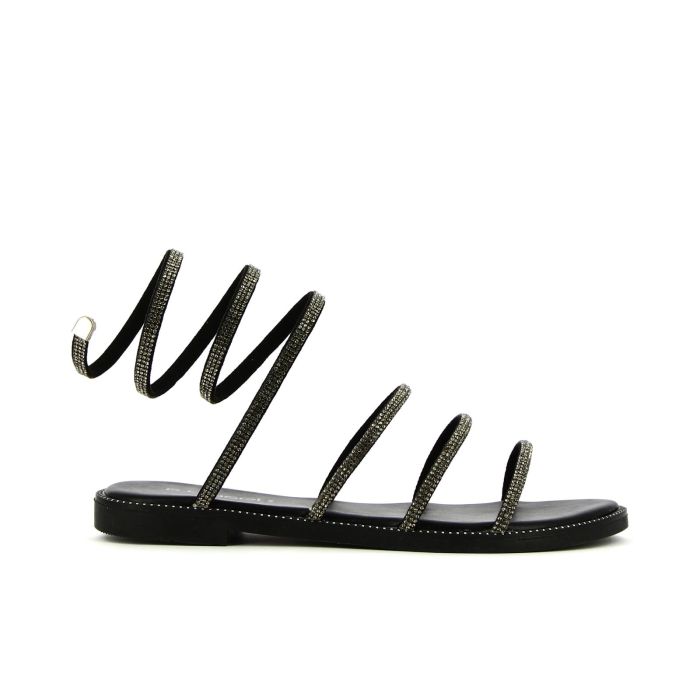 Sandali neri bassi con cinturino a spirale con strass