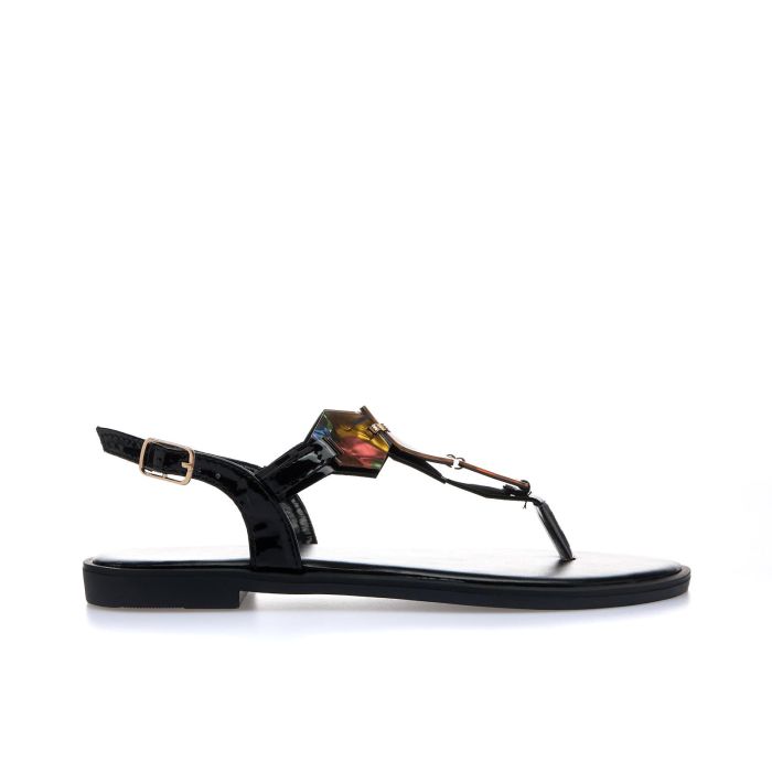 Sandali bassi neri modello infradito con applicazioni effetto perlato