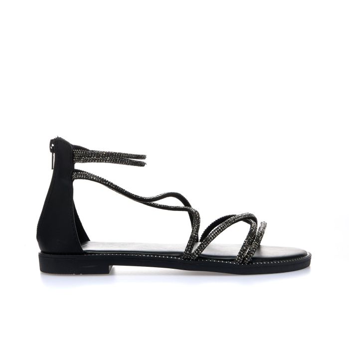 Sandali bassi neri con zip e cinturini con strass