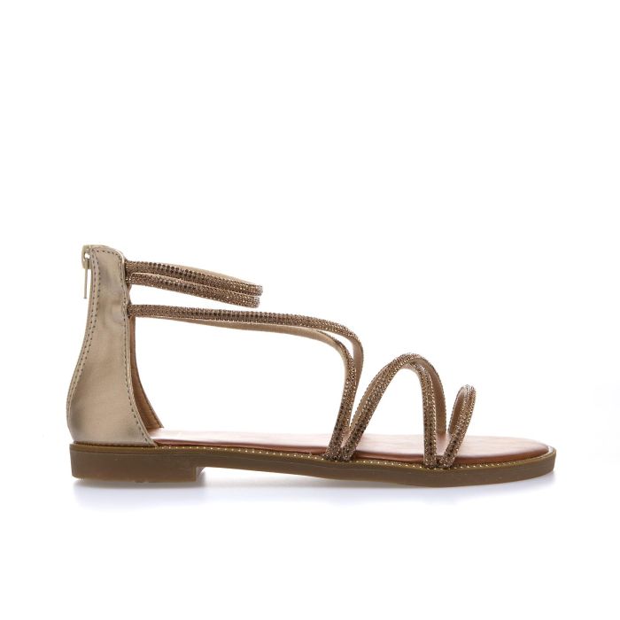 Sandali bassi oro con zip e cinturini con strass