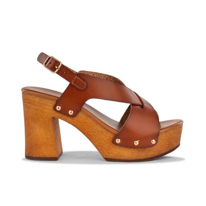 Zoccoli marroni da donna con tacco alto largo e plateau