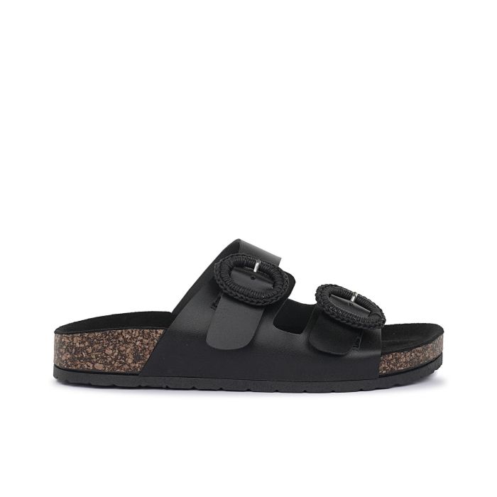 Sandali neri da donna con doppia fibbia dettaglio uncinetto e suola effetto sughero