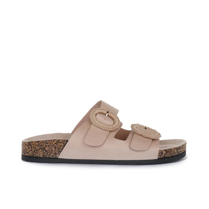 Sandali rosa da donna con doppia fibbia dettaglio uncinetto e suola effetto sughero