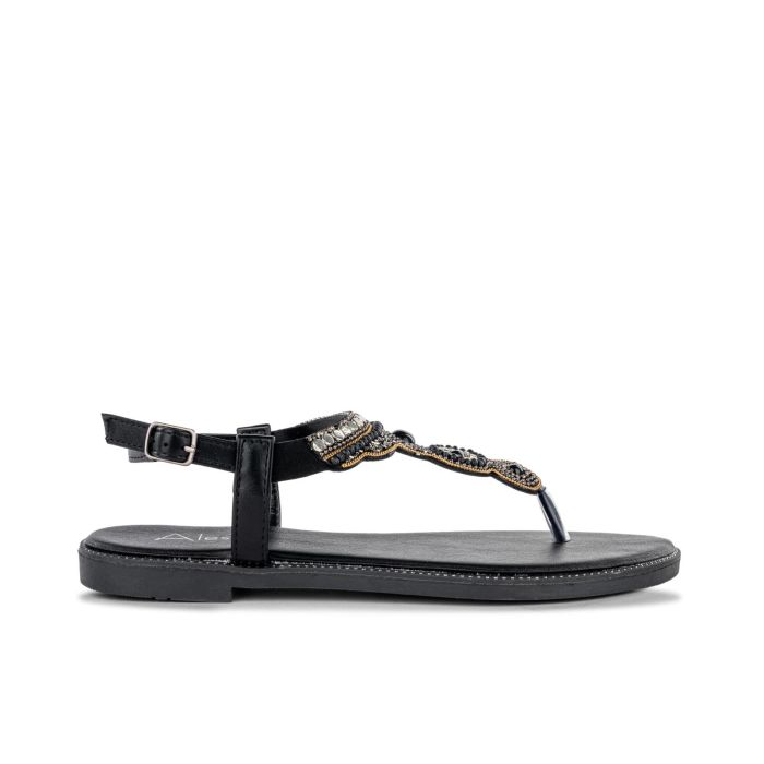 Sandali bassi neri da donna modello infradito con perline