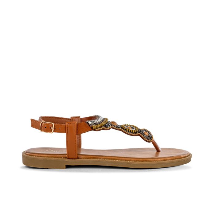 Sandali bassi marroni da donna modello infradito con perline