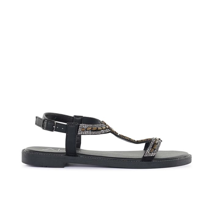 Sandali bassi neri da donna con perline e strass