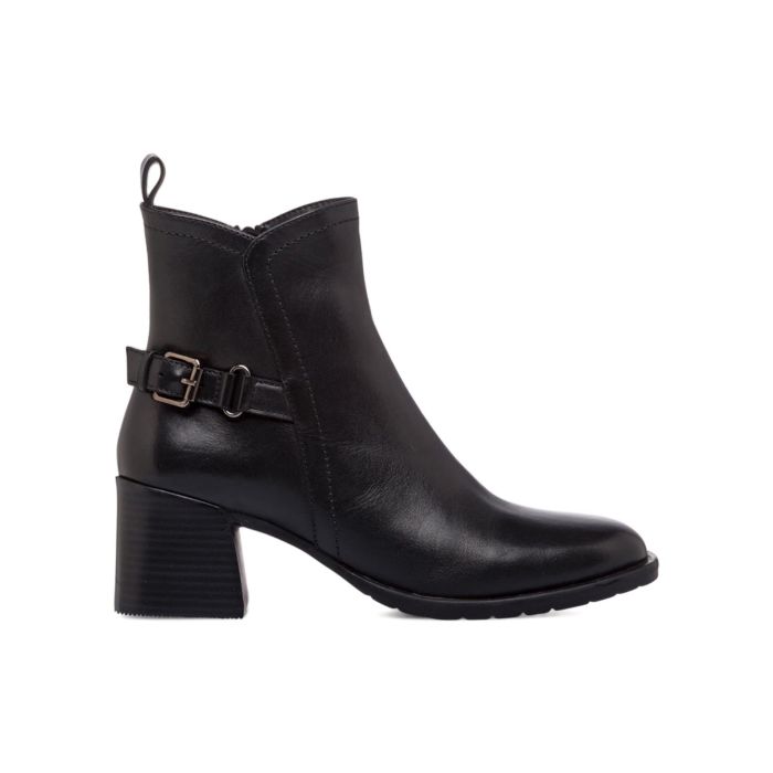 Stivaletti neri da donna in pelle con tacco medio largo e fibbia