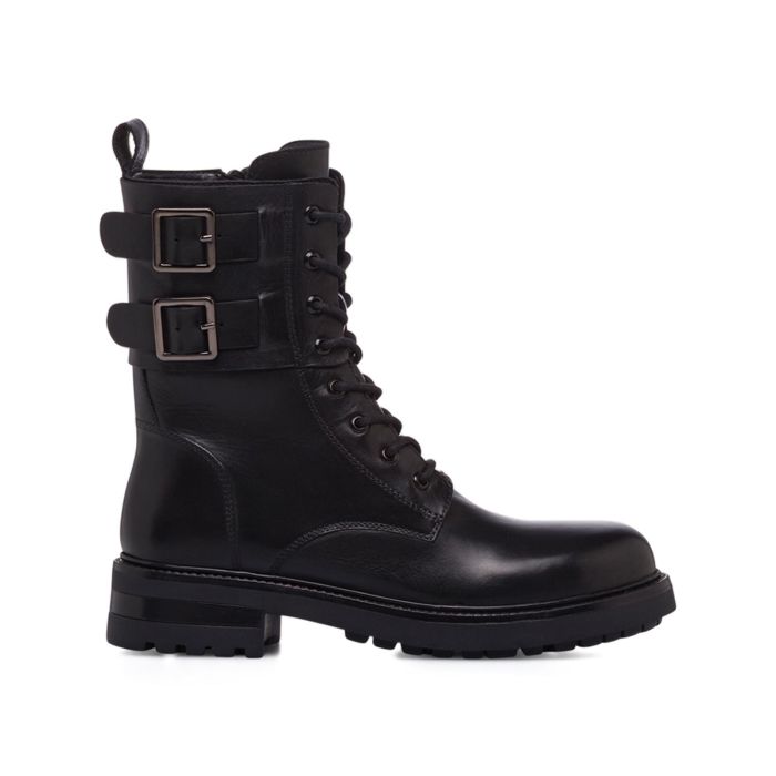 Anfibi neri da donna in pelle con lacci e fibbie