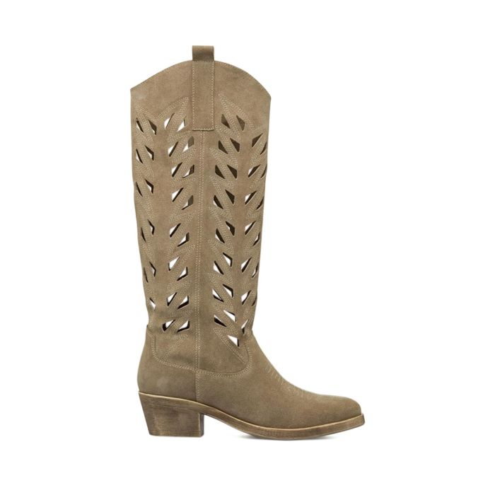 Stivali marroni Alesya in pelle da donna modello texani con tacco basso e laserature