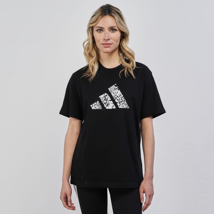T-shirt sportiva nera da donna maniche corte e logo fantasia animalier