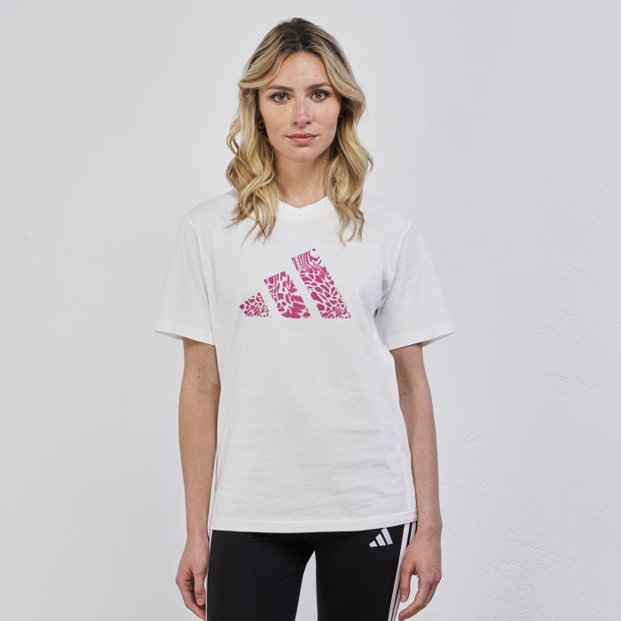 T-shirt sportiva bianca da donna maniche corte e logo fantasia animalier
