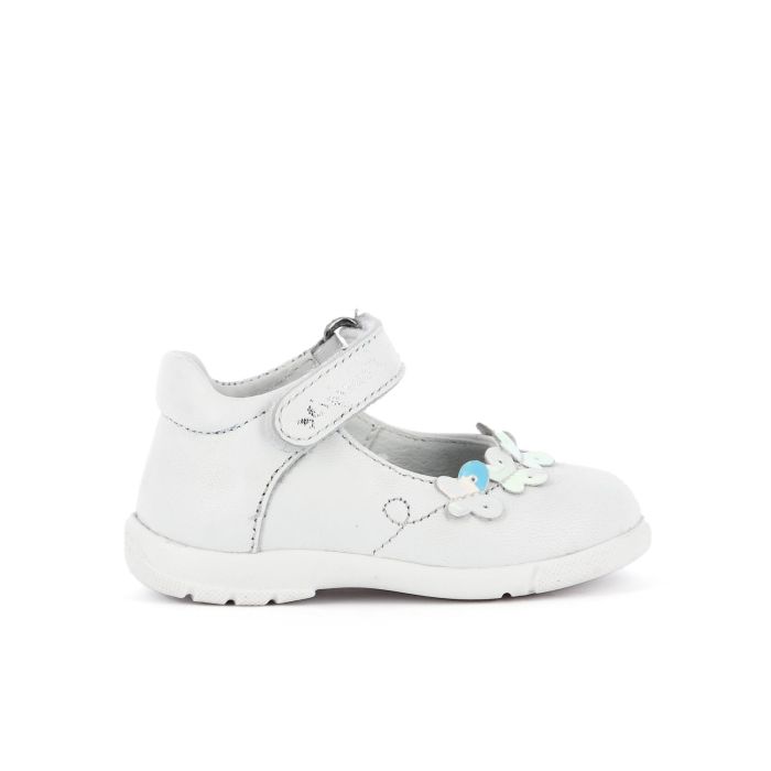 Ballerine bianche in pelle modello mary jane con velcro e farfalle da bimba
