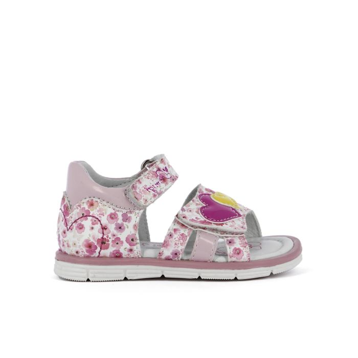 Sandali bianchi con stampa floreale cuori e velcro da bimba