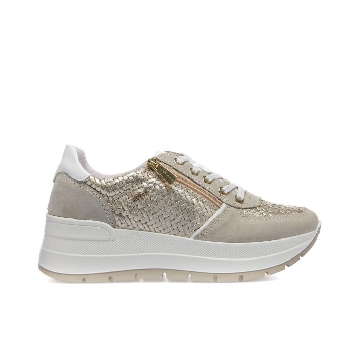 Sneakers oro e beige in pelle con suola platform
