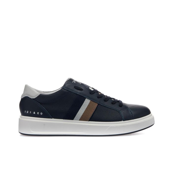 Sneakers blu da uomo in pelle con bande laterali