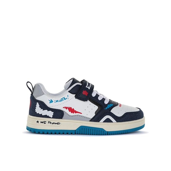 Sneakers bianche e blu da bambino con disegni