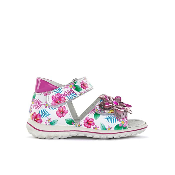 Sandali bianchi e fucsia da bambina con dettaglio fiore e velcro