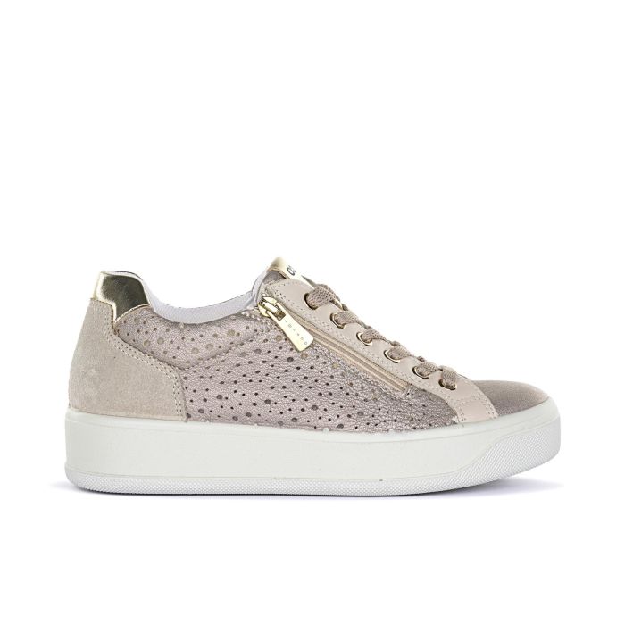 Sneakers oro in pelle con inserto traforato e suola platform