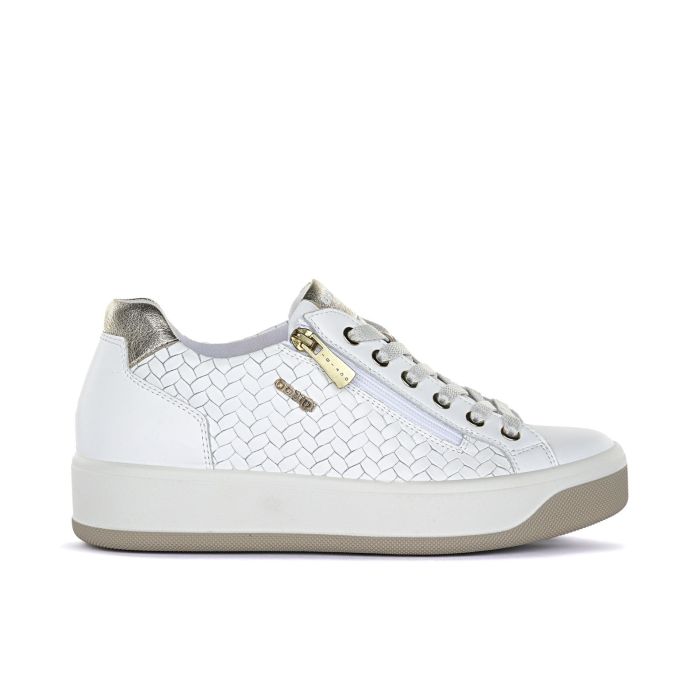 Sneakers bianche in pelle con suola platform e inserto effetto spigato