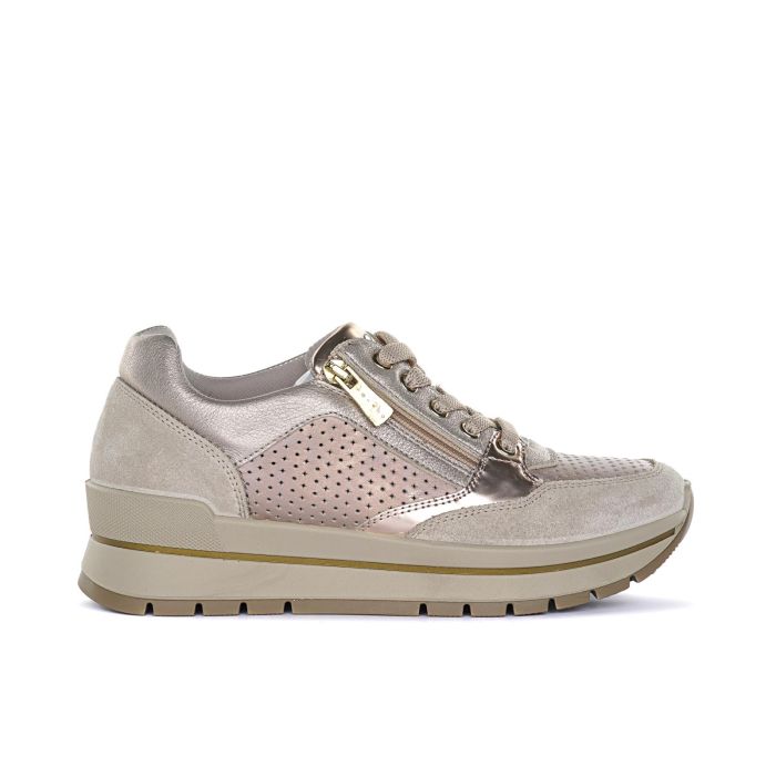 Sneakers oro con inserto traforato, zip e lacci