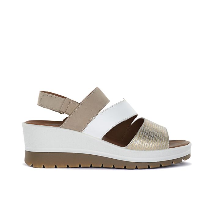 Sandali comfort beige da donna in pelle con zeppa