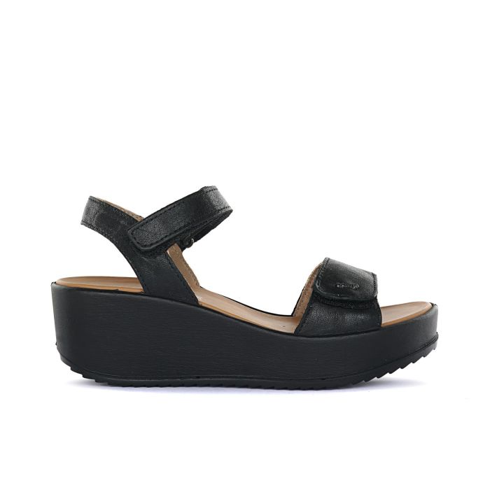 Sandali neri da donna in pelle con zeppa e veclro