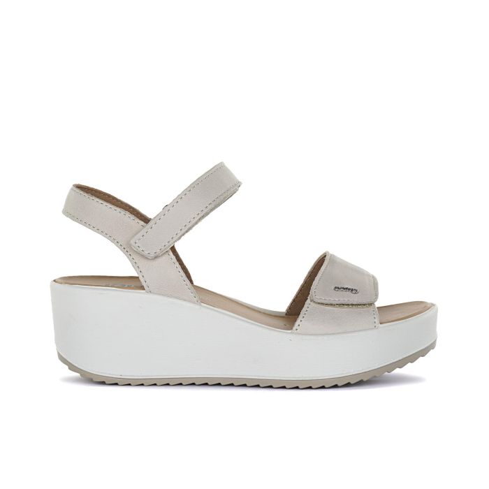 Sandali beige da donna in pelle con zeppa e veclro