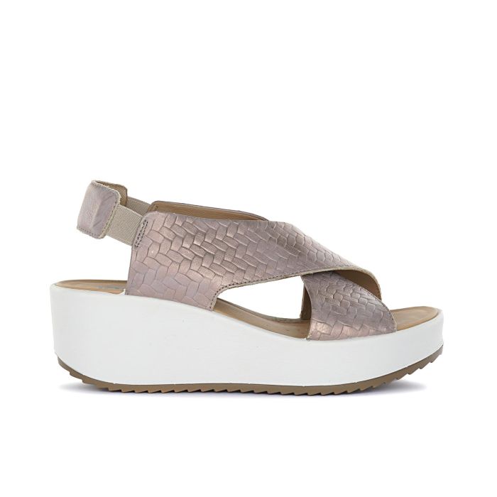 Sandali rosa da donna in pelle con fasce a incrocio e zeppa