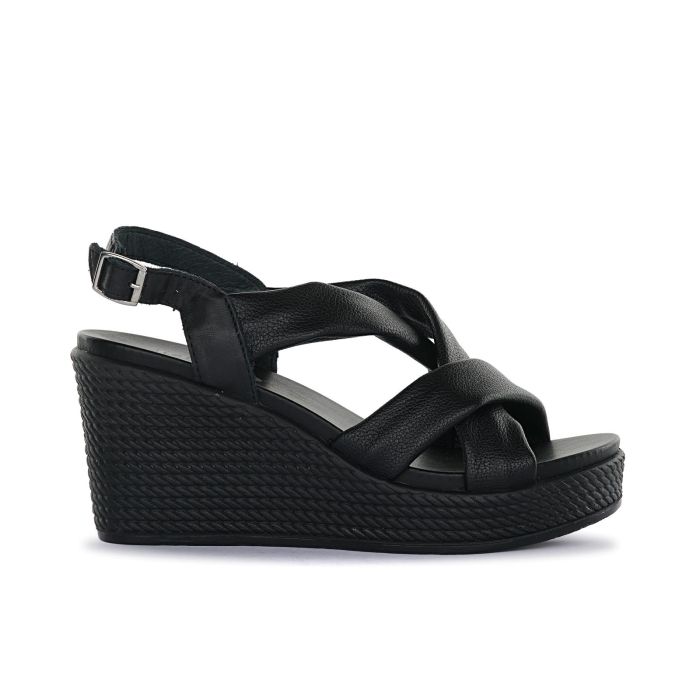 Sandali neri da donna in pelle con zeppa  e cinturini incrociati