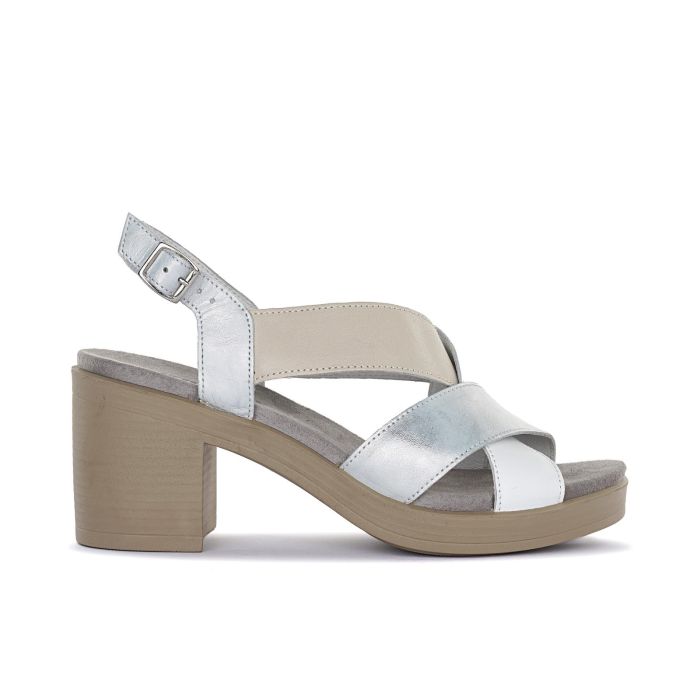 Sandali argento da donna in pelle con tacco largo