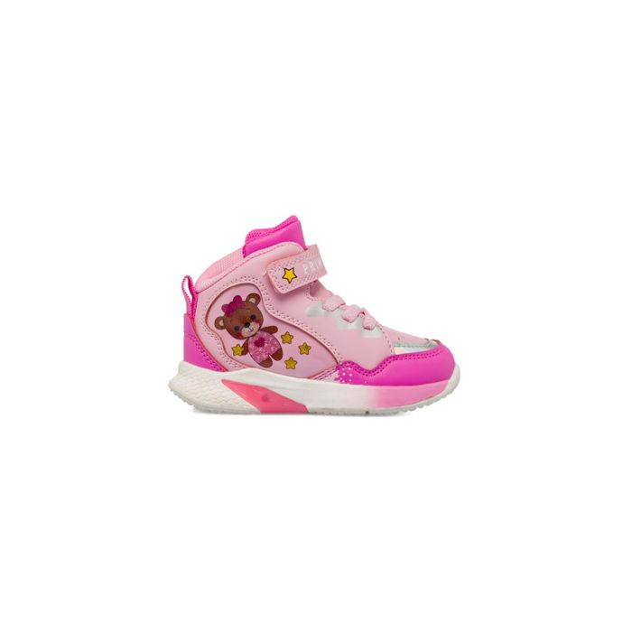 Sneakers alte rosa da bambina con dettaglio cartoon orsetto, luci e strappo