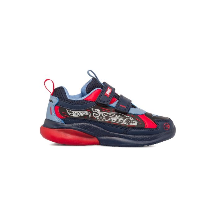 Sneakers blu e rosse da bambino con dettaglio cartoon Hot Wheels e velcro