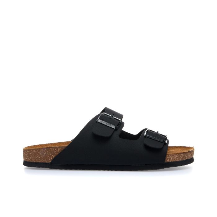 Sandali neri in pelle con fondo effetto sughero e fibbie