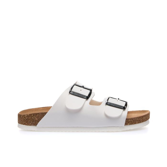 Sandali bianchi con fondo effetto sughero e doppia fibbia