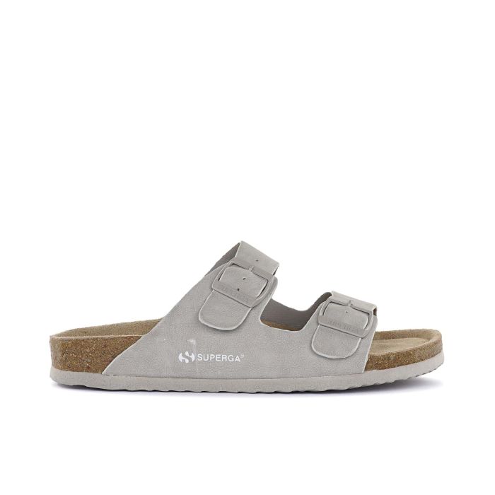 Sandali grigi da donna con doppia fibbia e fondo effetto sughero