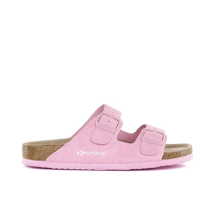 Sandali rosa da donna con doppia fibbia e fondo effetto sughero