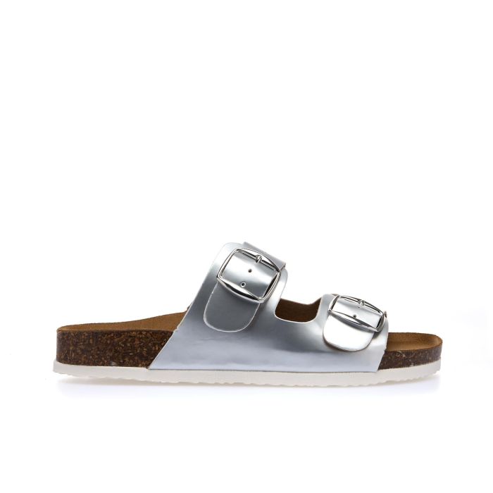 Sandali argento con doppia fibbia e fondo effetto sughero