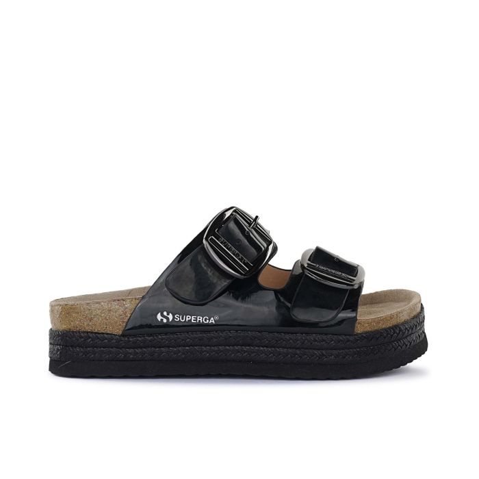 Sandali neri da donna con doppia fibbia e suola effetto sughero