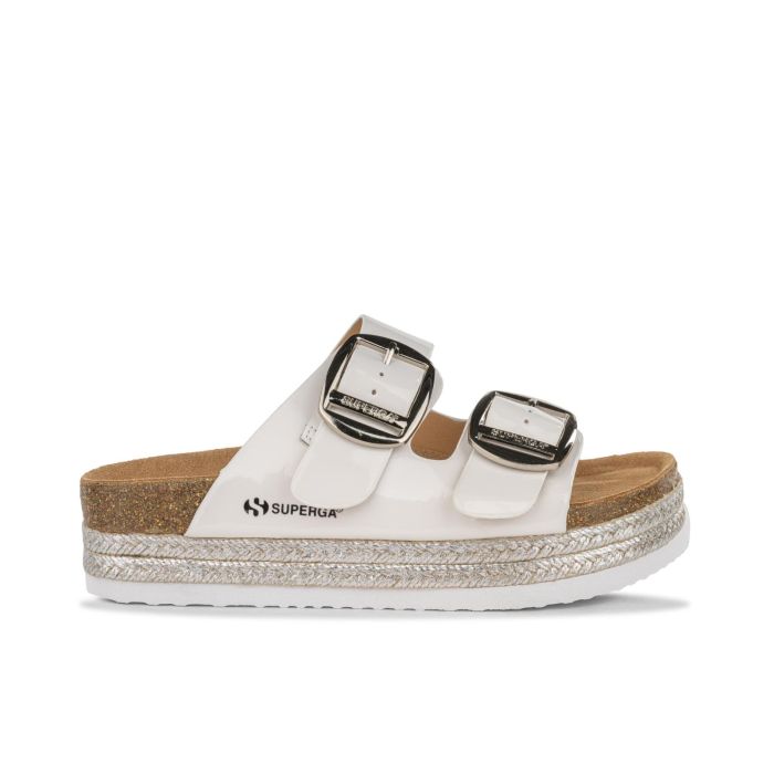 Sandali bianchi da donna con suola platform effetto sughero e doppia fibbia