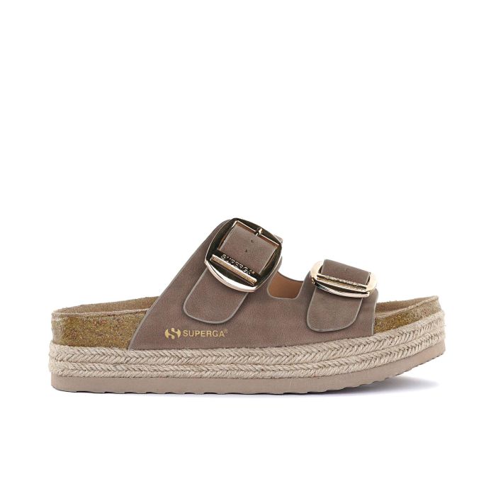 Sandali beige da donna con doppia fibbia e suola platform effetto sughero