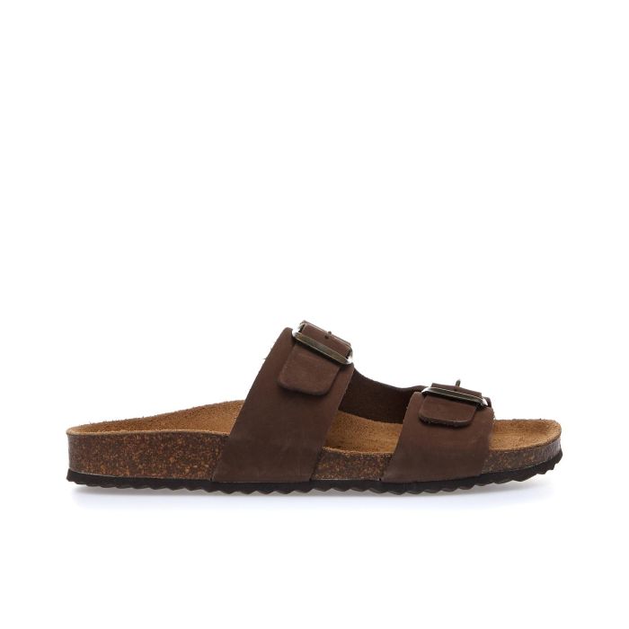 Sandali marroni in pelle con doppia fibbia e fondo effetto sughero