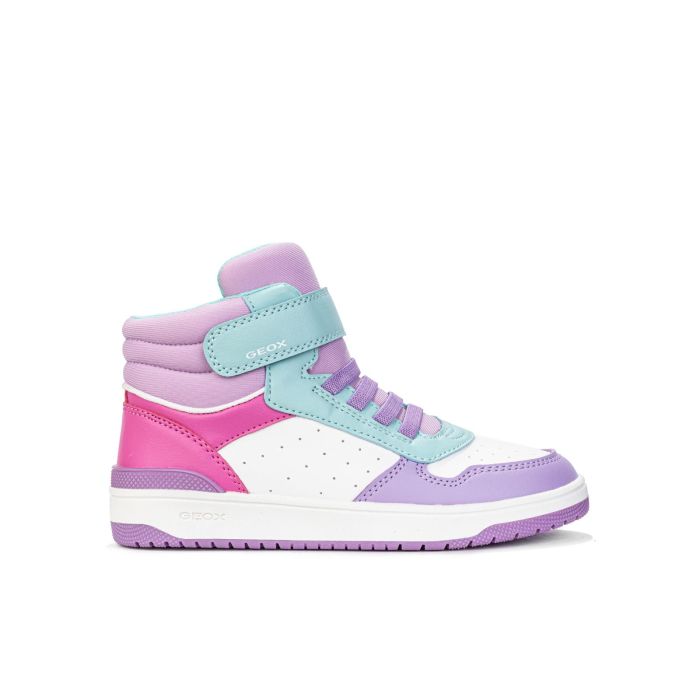 Sneakers alte bianche e viola da bambina con strappo