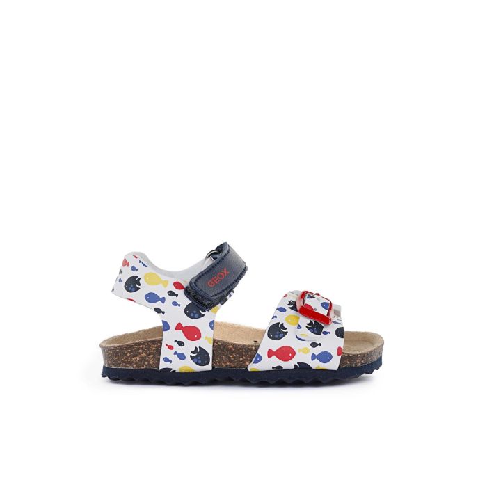 Sandali bianchi da bambino con fondo effetto sughero e stampa pesci