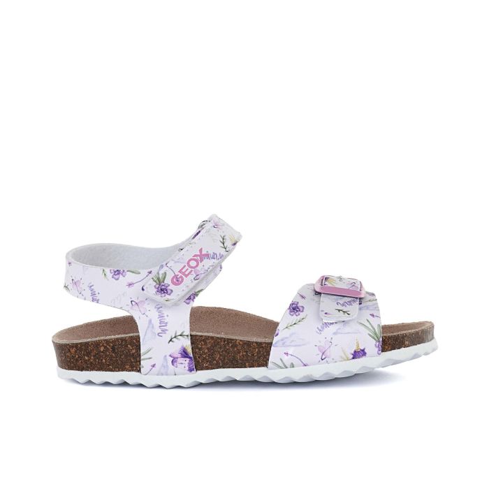 Sandali bianchi da ragazza in stampa unicorno con fondo effetto sughero