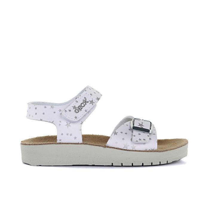 Sandali bianchi da ragazza in stampa stelle con fondo effetto sughero