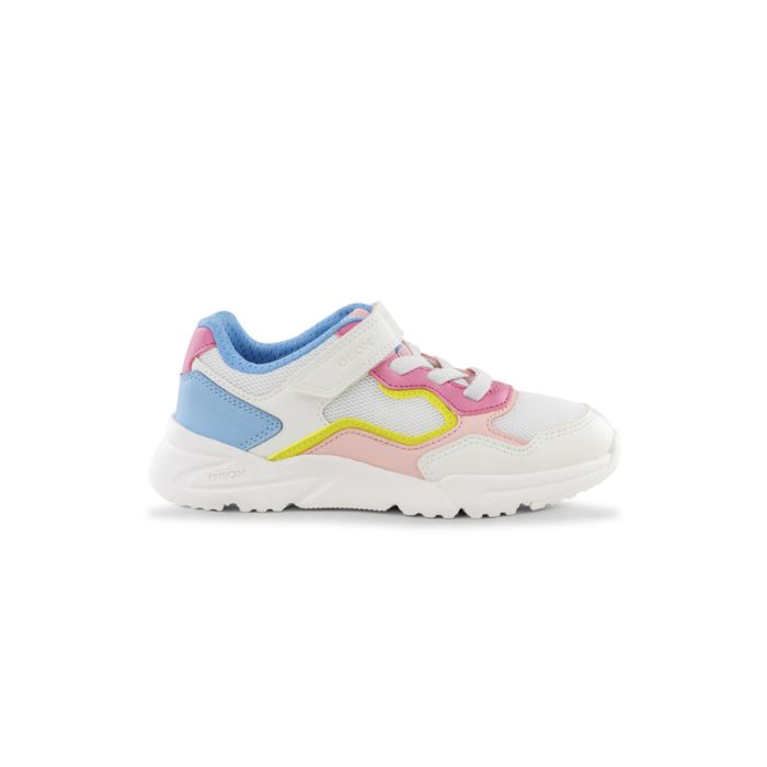 Sneakers bianche da bambina con dettagli multicolore e suola traspirante Geox