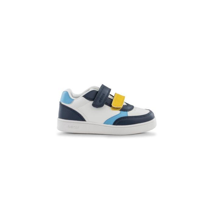 Sneakers da bambino bianche con dettagli blu e gialli con suola traspirante Geox