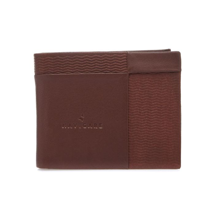 Portafoglio marrone con chiusura a libro e stampa geometrica